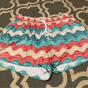 Women's Wave-Print Drawstring Shorts - Coral, Teal & Cream